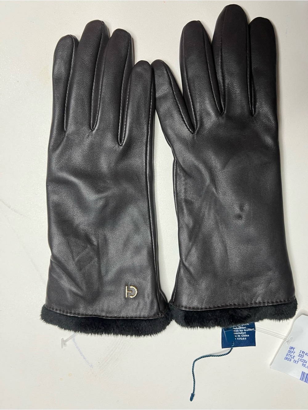 Cole Haan Black Leather Women's Gloves with Fur Cuff and Logo